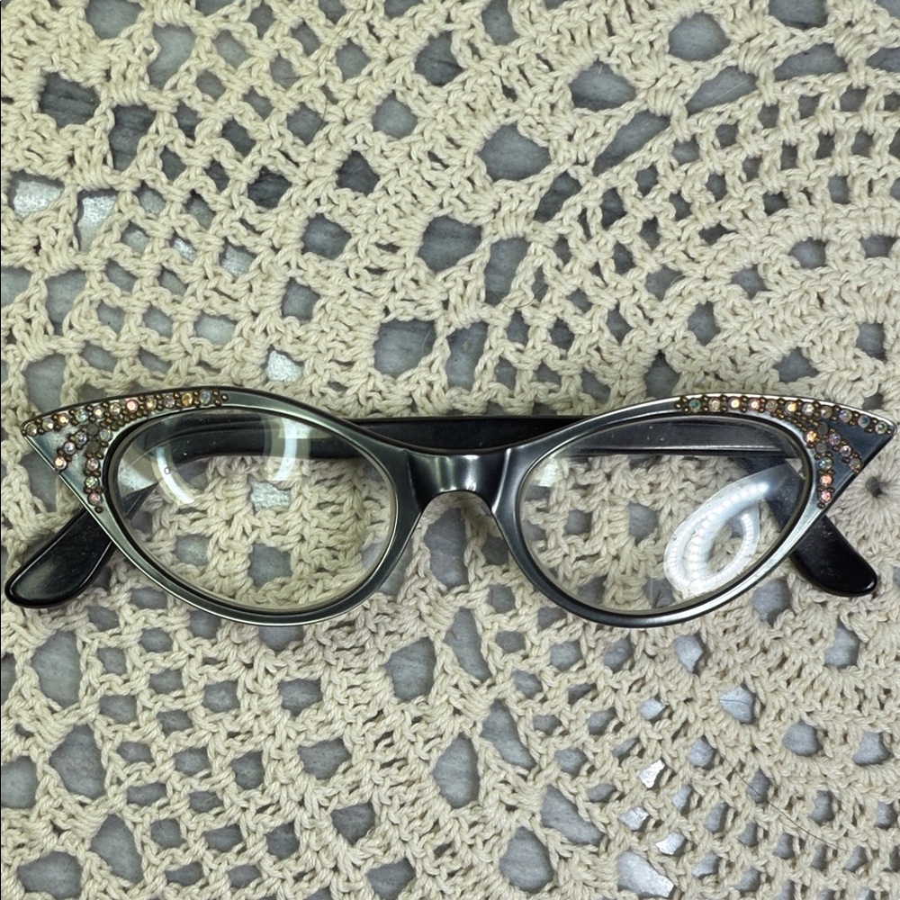 dark grey Cat-Eye Glasses with Rhinestone Accents